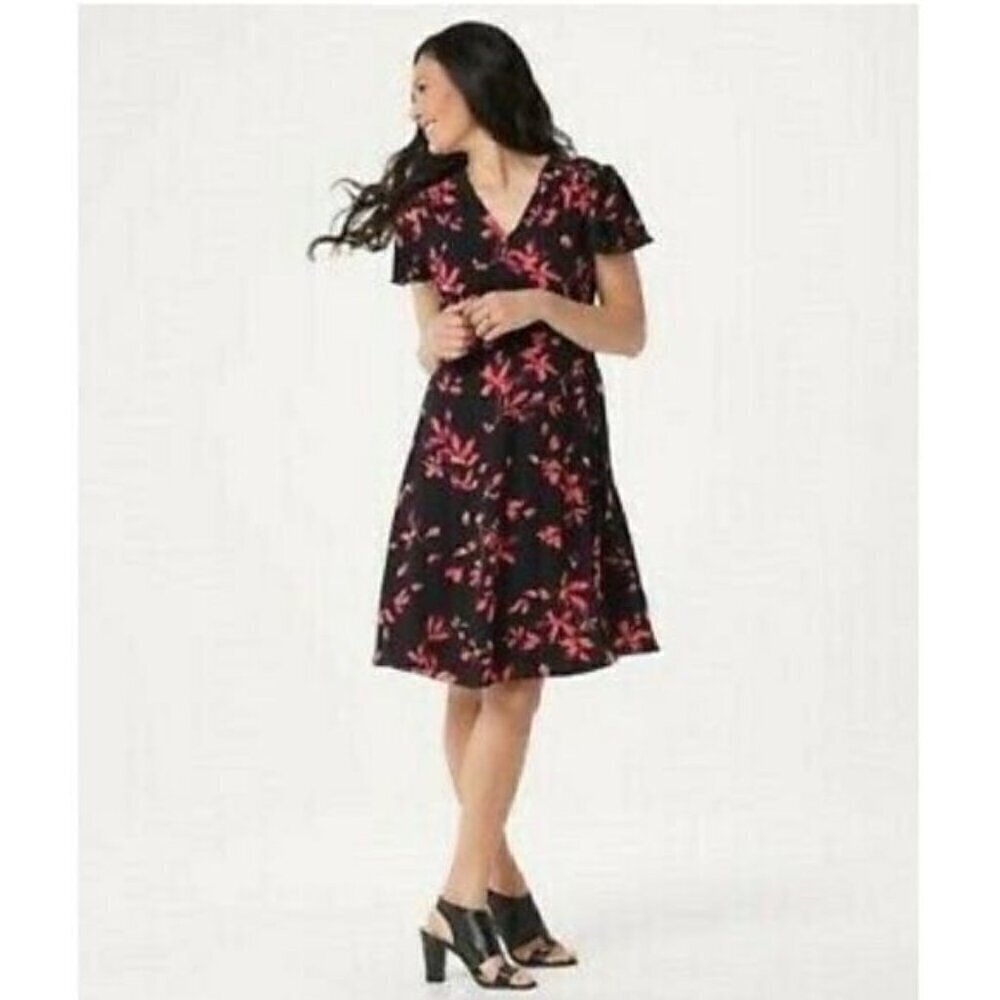 H by Halston Watercolor Pink and Black Floral Wrap Dress Sz 8